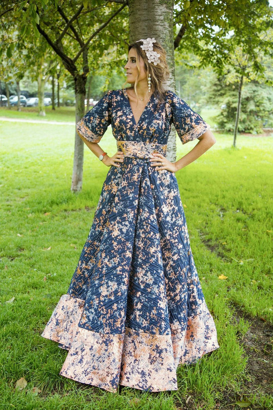 Robe longue en jacquard bleu marine - Maison Lou