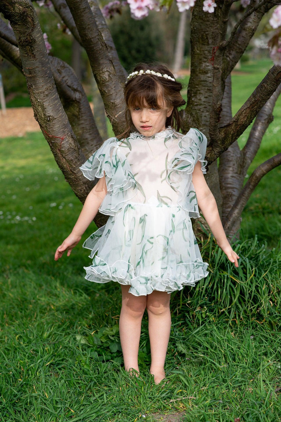 Robe mousseline de soie imprimé fleurs vertes - Modèle petite fille - Maison Lou