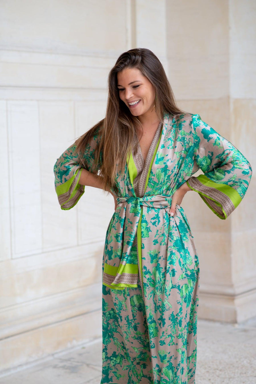 Robe Kimono en soie verte - Maison Lou