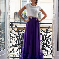 Jupe longue violette à ourlet brodé de fleurs - Maison Lou