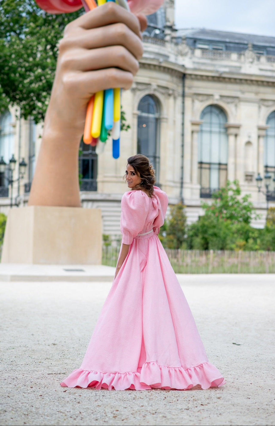 Robe asymétrique rose à manches bouffantes - Maison Lou